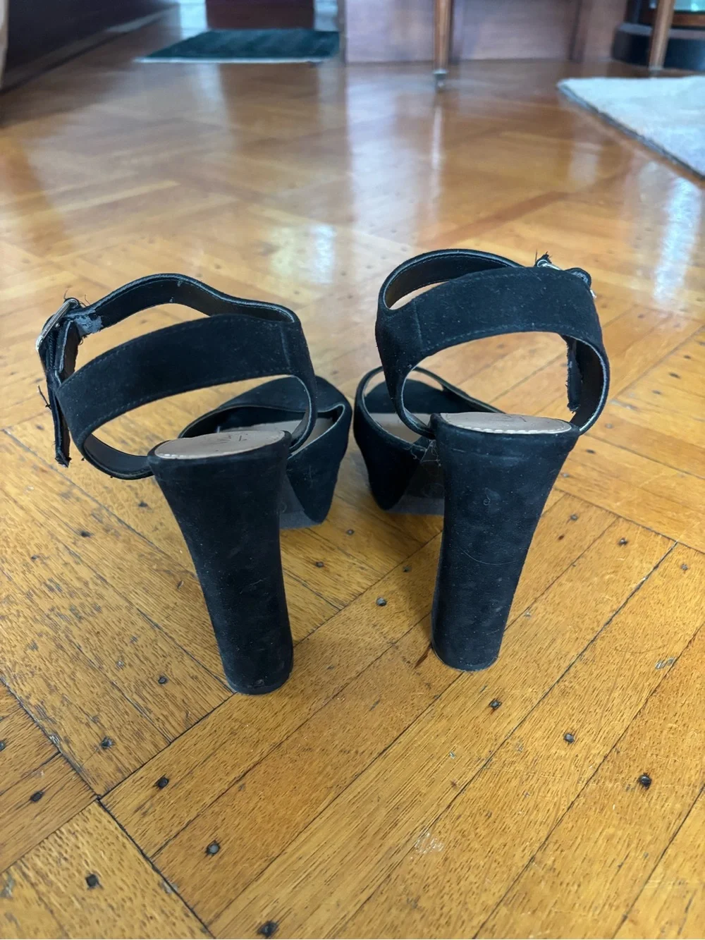 Black Suede Platform Block Heel Sandals with Ankle Strap